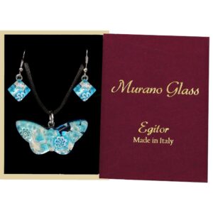 PARURE COLLANA CON SCATOLA CON CIONDOLO FARFALLA FOGLIA ORO o ARGENTO